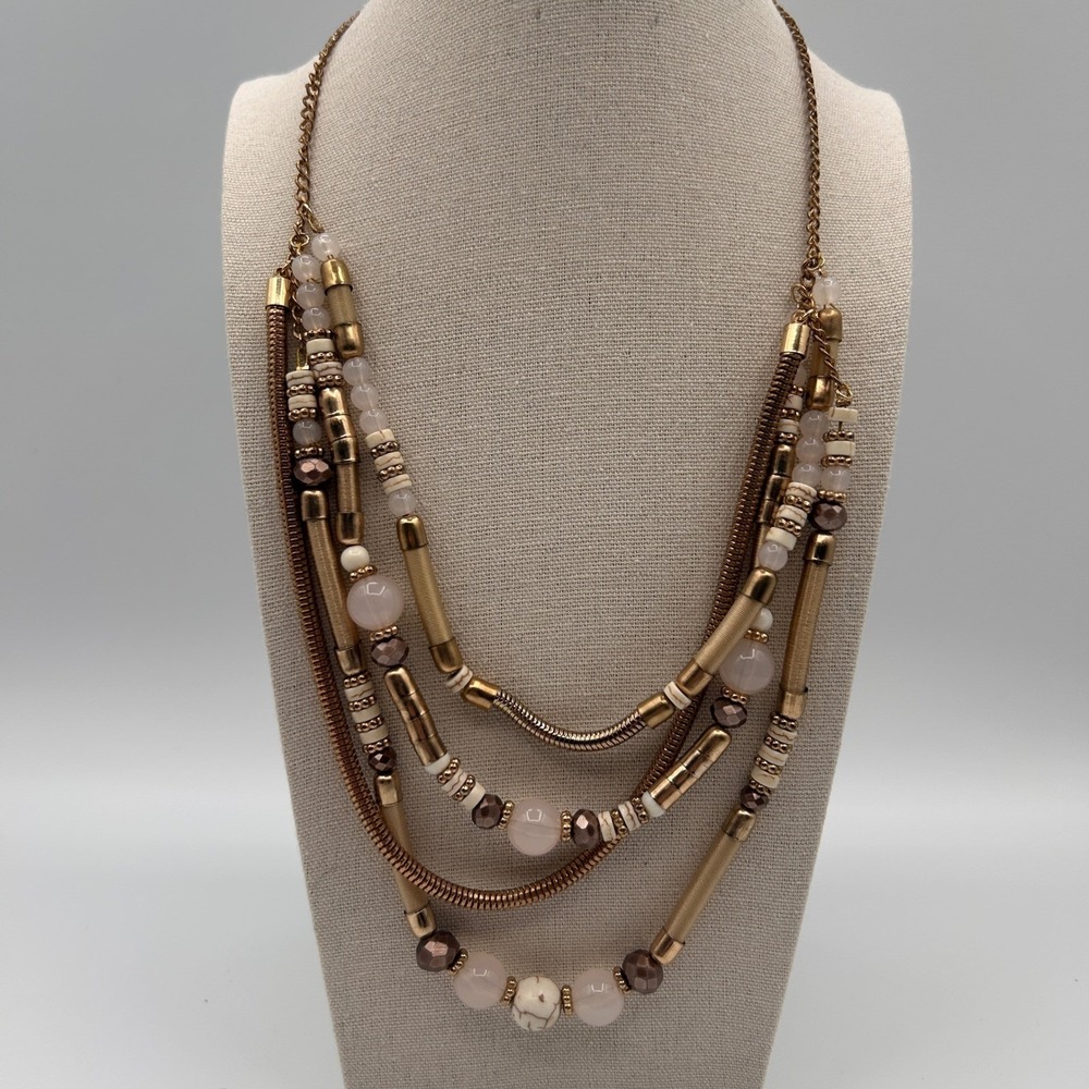 Boho Multi Strand Layered Beaded Statement Necklace Gold Tone White Marble Style